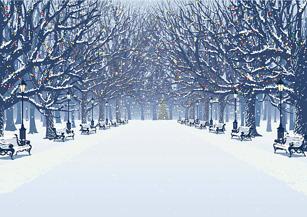 прогулка в зимнем парке - park snow tree back lit stock illustrations