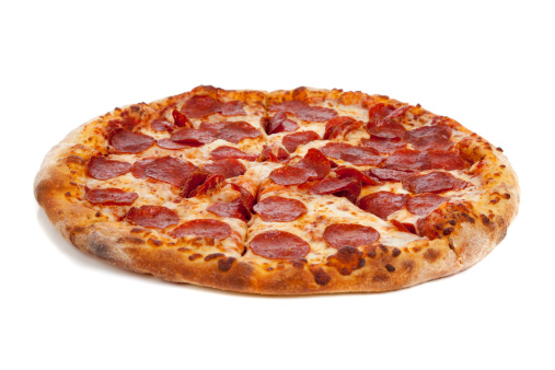 Pepperoni pizza in a box on a white background with ocpy space