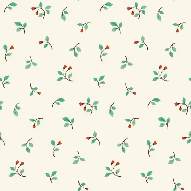 Vector illustration of Seamless floral pattern, folk tile with small branches on a white background. Vector illustration.