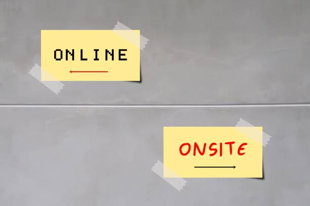 istock Stick note on wall with text and direction to ONLINE or ONSITE, where digital revolution turned conventional working and studying onsite to online , or combination hybrid worldwide after pandemic 1539863576