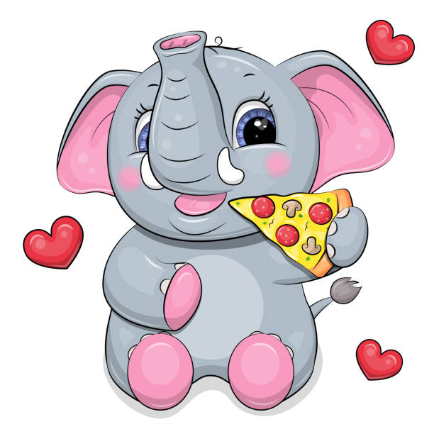 illustrations, cliparts, dessins animés et icônes de un éléphant de dessin animé mignon mange de la pizza. - vector elephant isolated on red female animal