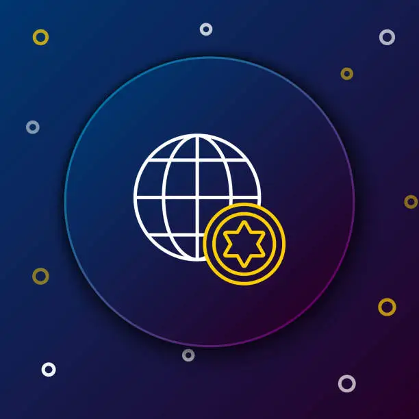 Vector illustration of White and yellow line World Globe and Israel icon isolated on dark blue background. Colorful outline concept. Vector Illustration
