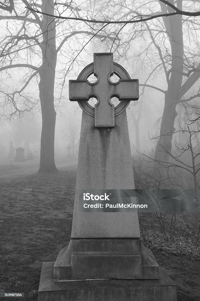 Keltisches Kreuz in foggy Friedhof - Lizenzfrei Ast - Pflanzenbestandteil Stock-Foto