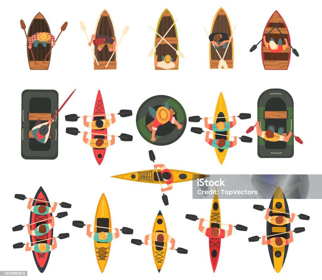 Manly Raft Man Rafting On Inflatable Raft And Wooden Boat With Paddle Or Oar Above ...