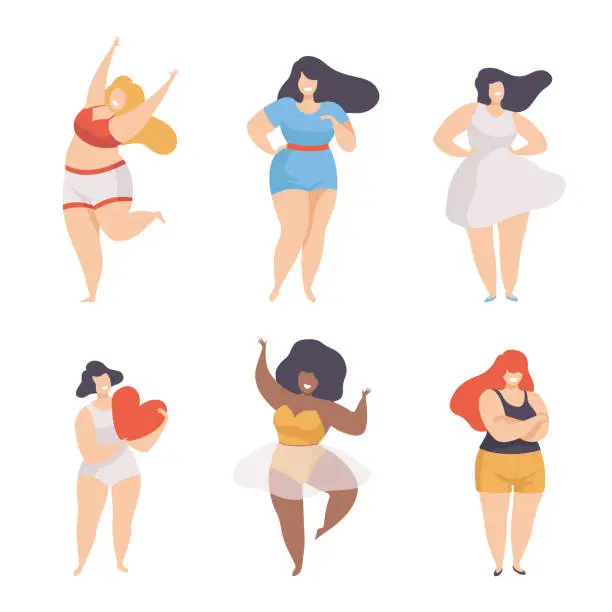 Vector illustration of Happy plump woman dancing set. Body positive and beauty diversity. Nulticultural happy women of different skin color, race and beauty cartoon vector Illustration