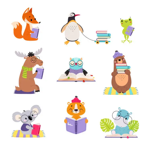 Vector illustration of Cute baby animals reading books set. Smart penguin, chipmunk, koala, gopher, frog, bear cartoon vector illustration