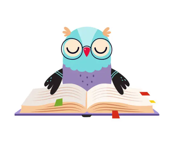 Vector illustration of Cute owlet in glasses reading book. Funny smart bird character. Kids education concept cartoon vector illustration