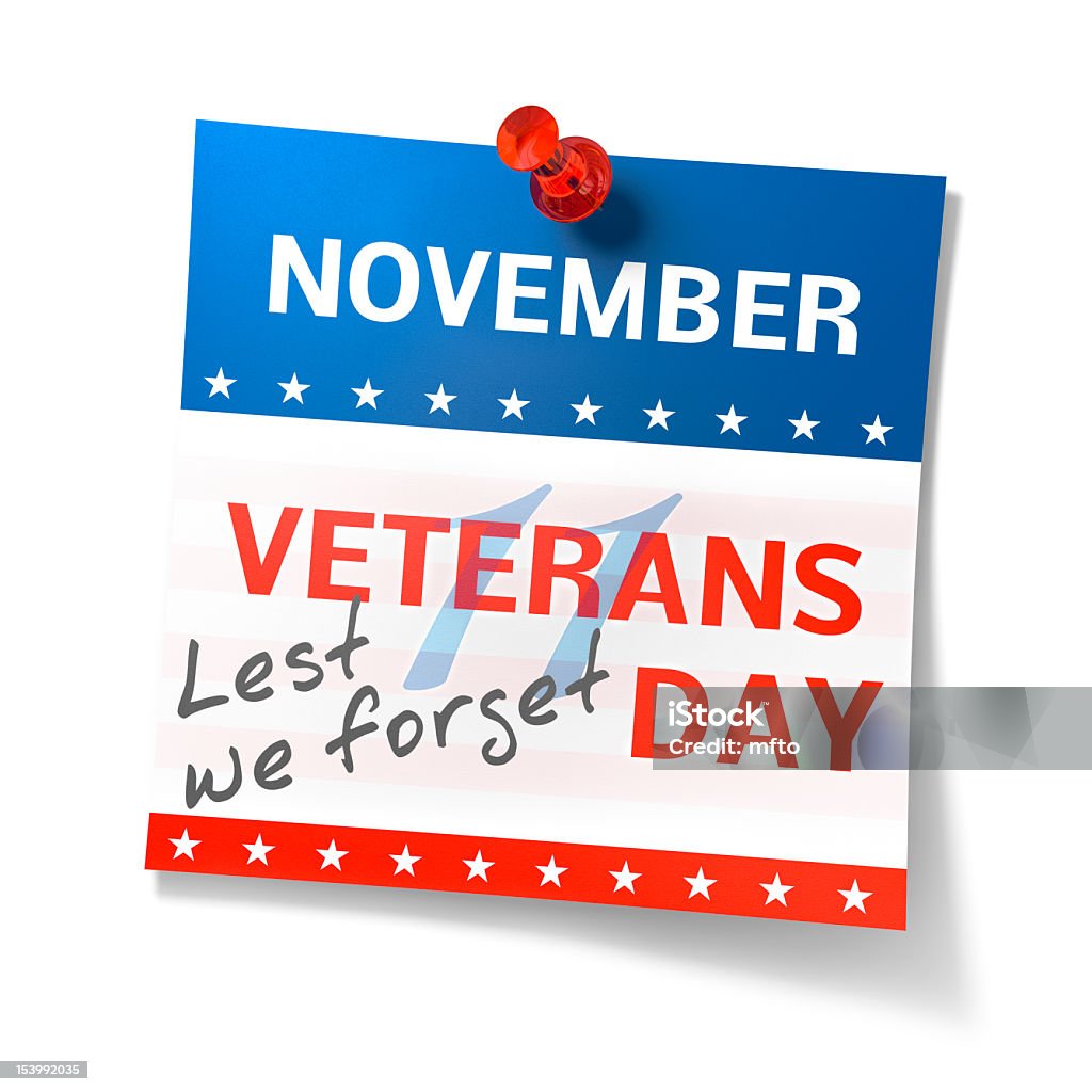 Red push pin holding Patriotic Veterans Day flyer Veterans day. Isolated on white. Related images: American Culture Stock Photo