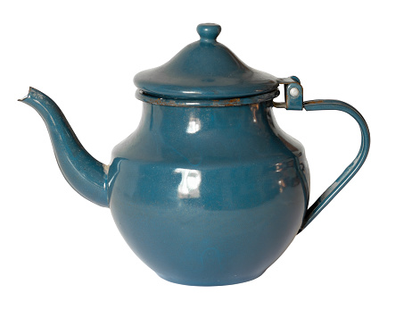 Blue antique enameled teapot isolated on white background