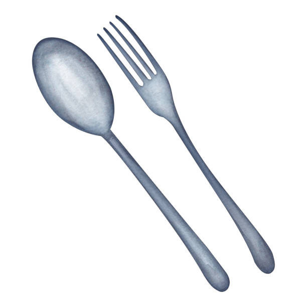 istock Watercolor illustration of metallic spoon and fork for camping on a white background. Steel kitchenware. Hand drawn 1539930699