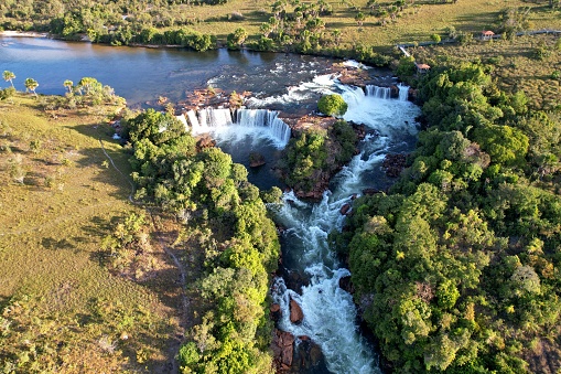 An aerial view of the Velha Waterfall in the Jalapao desert of Tocantins, Brazil.
