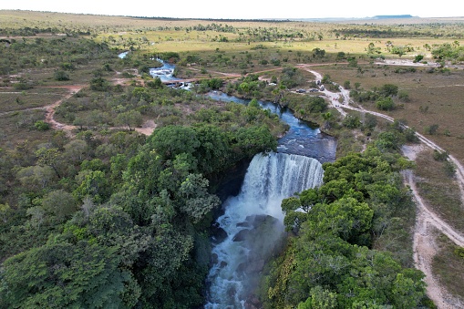 An aerial view of the Velha Waterfall in the Jalapao desert of Tocantins, Brazil.