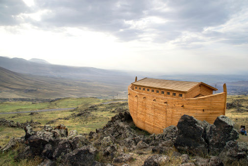 Noah's Ark docked on rocks overlooking a landscape
