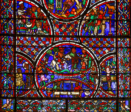 Bourges, cher, france, april 20, 2023 : stained glasses decors of Cathedral basilica saint Stephen, by anonymous artists workshops, 15th century