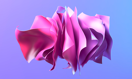Abstract wallpaper with falling folded textile, levitating crumpled cloth, fashion background with waving fabric layers, pink and purple gradient. 3d illustration