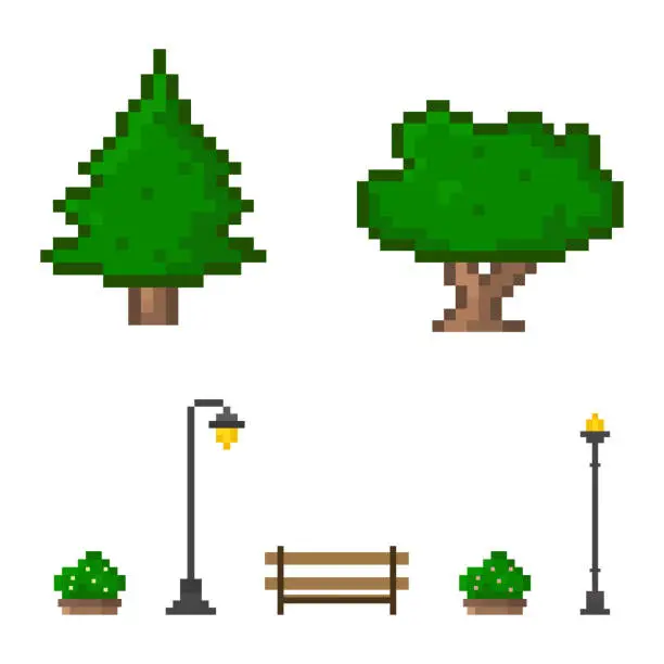 Vector illustration of Pixel art park element, trees, bench, bush, street light for design scene for 8 bit game