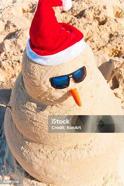 Sand Snowman On Warm Beach At Christmas Eve Stock Photo - Download Image Now - Christmas In July, Christmas, Tropical Climate