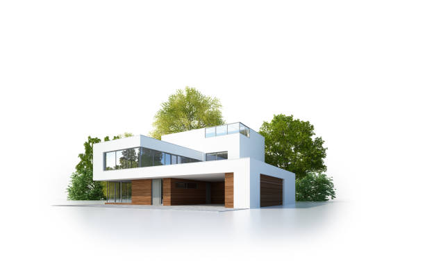 istock Isolated modern cubic villa with wooden elements and garage 1539960874
