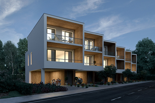 3d rendering of a modern town houses with garage in the evening