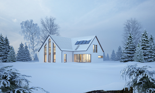 3d rendering of a modern house with a glass front  in winter