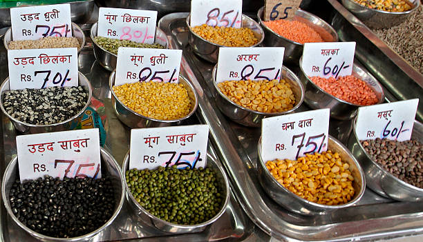 Lentils on display with its selling price in Indian rupee at Grocery store, India. 