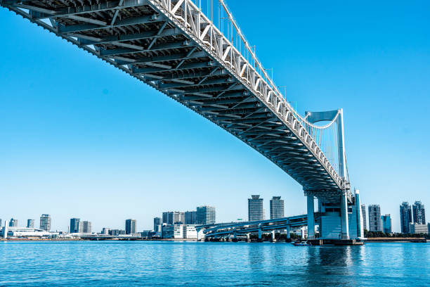 vista desde la ruta peatonal del puente rainbow. odaiba, tokio - bahía de tokio fotografías e imágenes de stock