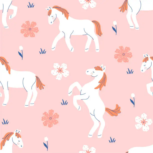 Vector illustration of Seamless pattern with cute white horses and flowers. Vector graphics.