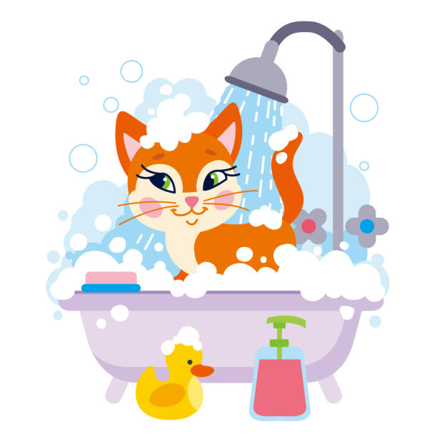 istock Cute cartoon cat in bath with duck, soap foam and bubbles. Grooming pet flat vector illustration. 1540015098