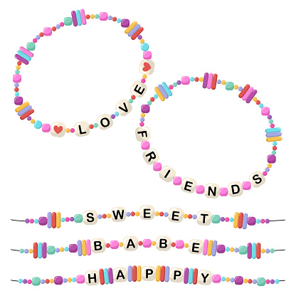 Collection of vector jewelry and children's ornaments. Bracelet made of handmade plastic beads. Set of bright colorful braided bracelets with words from the letters love, friends, sweet, baby, happy.