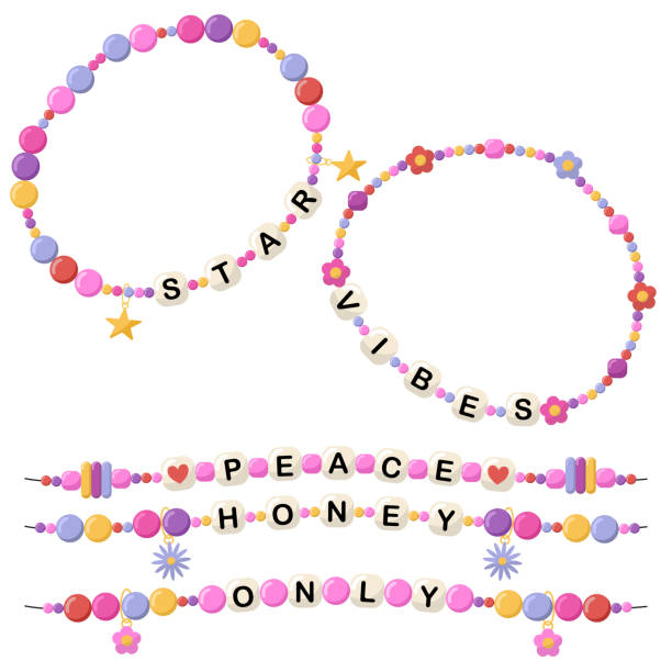 Set of colorful bracelets with words Collection of vector jewelry and children's ornaments. Bracelet made of handmade plastic beads. Set of bright colorful braided bracelets with words from the letters star, vibes, peace, honey, only. friendship bracelets hands stock illustrations
