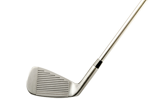 Chrome Golf Club Wedge Iron Hitting Golf Ball on White Background.