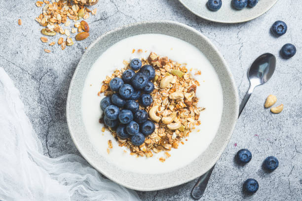 istock Granola with yogurt and blueberries in a plate on a gray background 1540025969