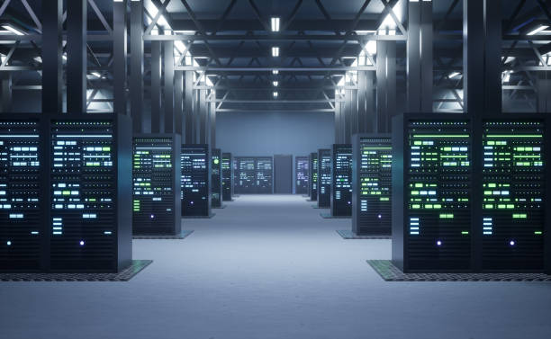 Server clusters in data center Operational server clusters in computer network security data storage facility. Mainframes providing processing power and memory resources for tedious workloads, 3D render animation supercomputer stock pictures, royalty-free photos & images