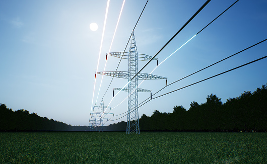 Night view of power cable electricity Lyon