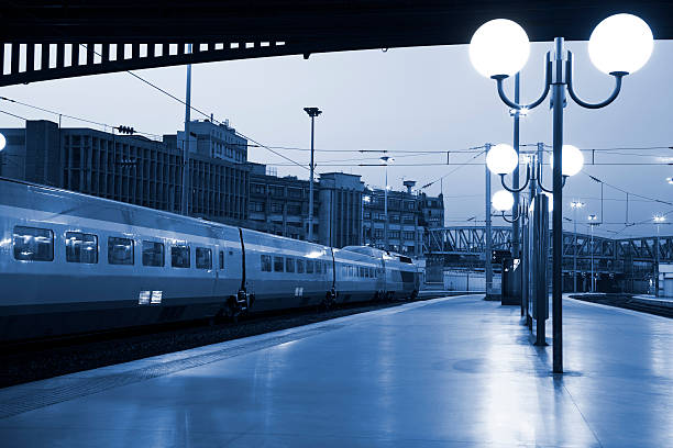 train in the station at dusk, toned image