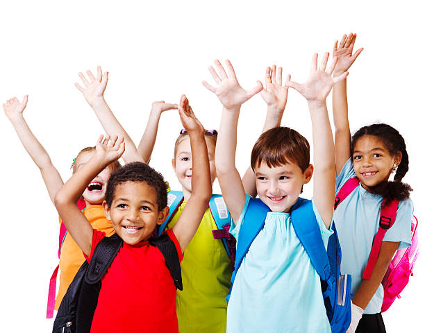istock Children with backpacks holding their hands in the air 154003843
