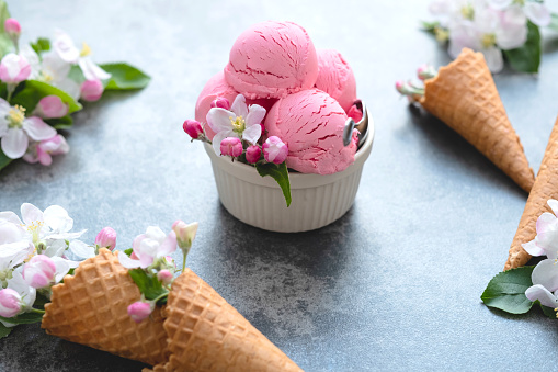 Creamy pink vegan ice cream served on a concrete background, decorated with bloom. Summer healthy dessert. Creative photo of ice cream.