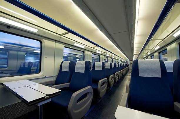 Inside of an empty passenger train car stock photo