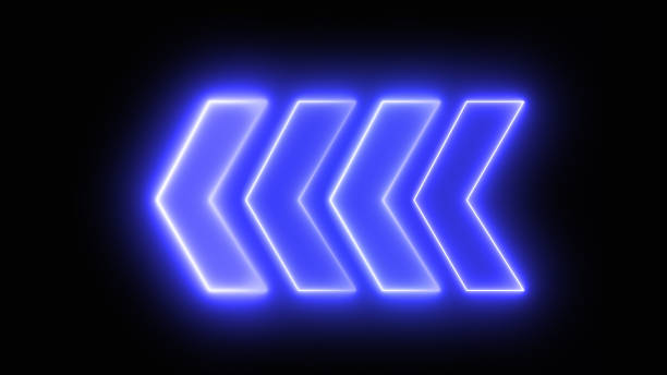 istock Neon arrow abstract Blue with Light Shapes on black background and reflective floor. Left red arrow for road direction . Modern simple arrows. Digital arrow pointing left red color. Vector illustration. 1540056167