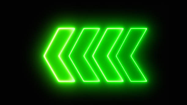 istock Green neon arrow direction on black background. Left blue arrow for road direction . Modern simple arrows. Digital arrow pointing left red color. Vector illustration. 1540057244