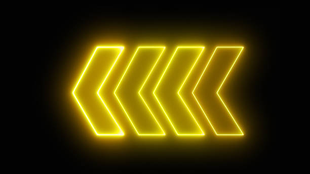 istock Yellow glowing neon arrow direction on black background. Left blue arrow for road direction . Modern simple arrows. Digital arrow pointing left red color. Vector illustration. 1540057262