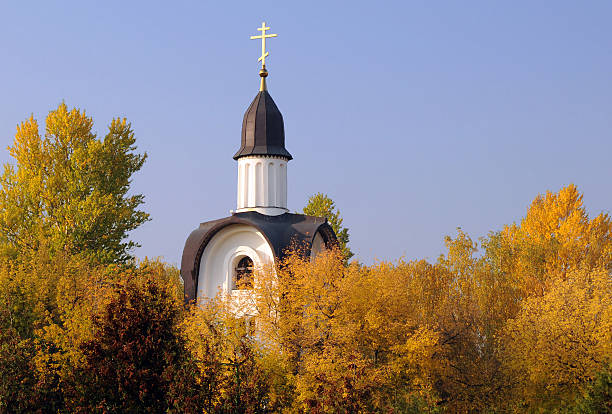 ホワイトチャペルとゴールドの木 - cupola gold russian orthodox autumn ストックフォトと画像