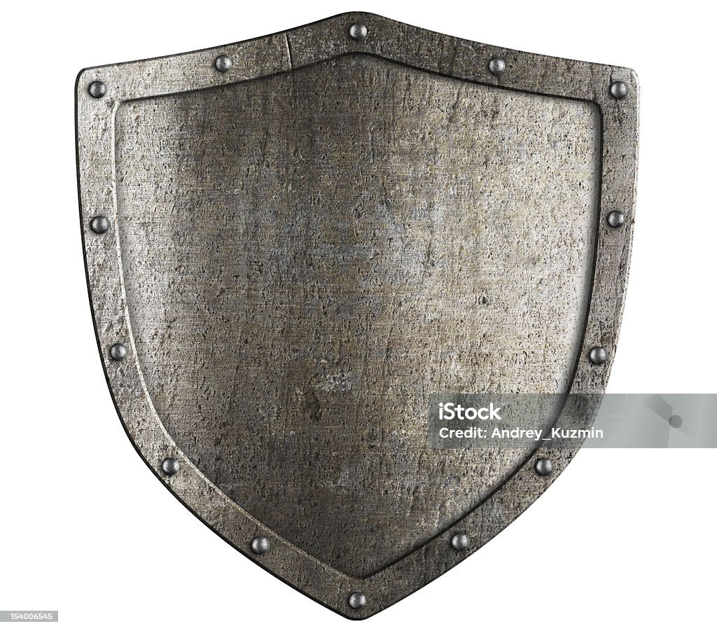 Envelhecido proteção de metal Isolado no branco - Foto de stock de Escudo - Armamento royalty-free