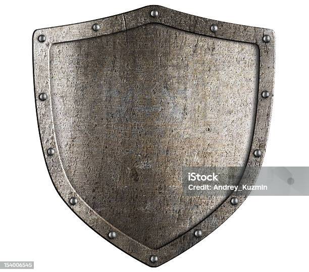 Foto de Envelhecido Proteção De Metal Isolado No Branco e mais fotos de stock de Escudo - Armamento - Escudo - Armamento, Proteger com Escudo, Medieval