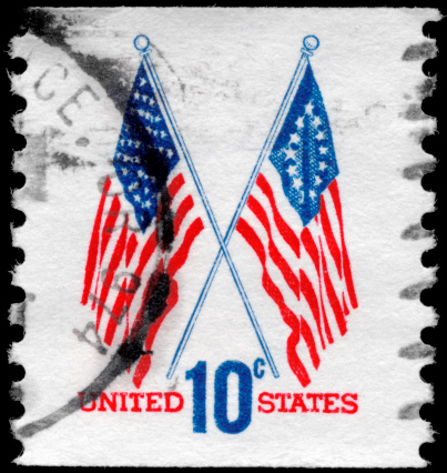 A Stamp printed in USA shows the 50-Star & 13-Star Flags, circa 1973