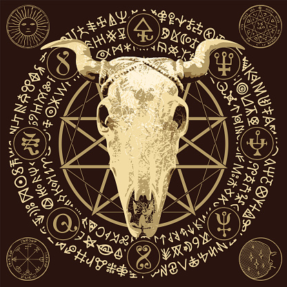 Vector illustration with a horned cow or bull skull, pentagram, occult and witchcraft signs. The symbol of Satanism Baphomet and magic runes written in a circle. black stains and splashes
