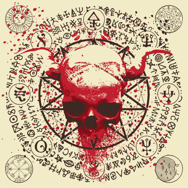 menschenschädel mit hörnern, pentagramm, okkulten und hexereizeichen - voodoo stock-grafiken, -clipart, -cartoons und -symbole