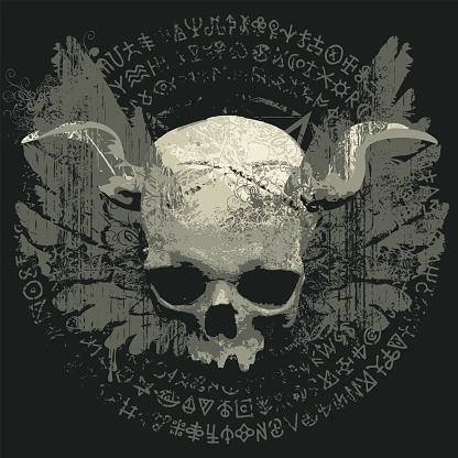 Vector illustration with people skull with horns, birds wings, pentagram, occult and witchcraft signs in grunge style. The symbol of Satanism Baphomet and magic runes written in a circle.