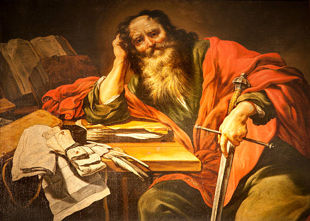 apostle Saint Paul paint from Paris apostle Saint Paul paint from Paris - St. Severin church apostle worshipper stock illustrations
