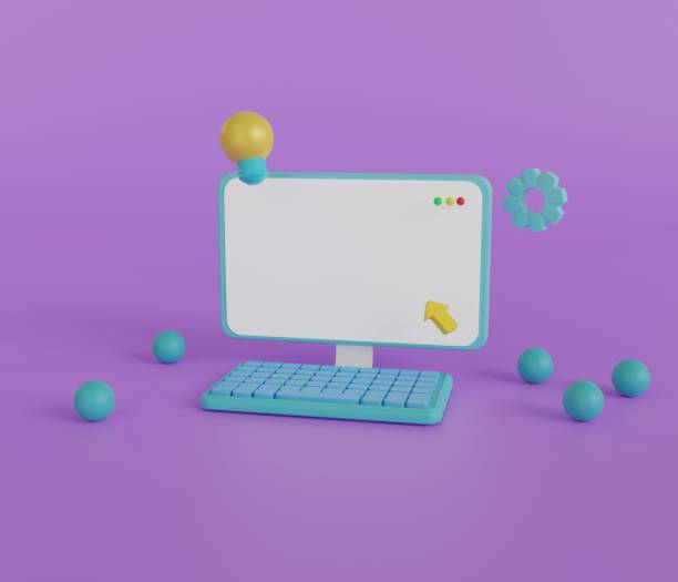 istock Desktop computer. Screen device mockup blank monitor. Creative concept idea. Realistic 3d design icons. Configure, web repair, maintenance and setting website. on purple background render illustration 1540097367